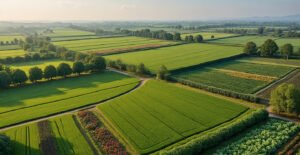 a wide agricultural and horticultural landscape in (1)
